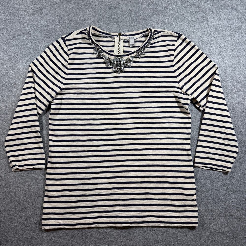 J.Crew Striped Tee Womens S Navy Cream Jeweled Neckline 3/4 Sleeve Breton